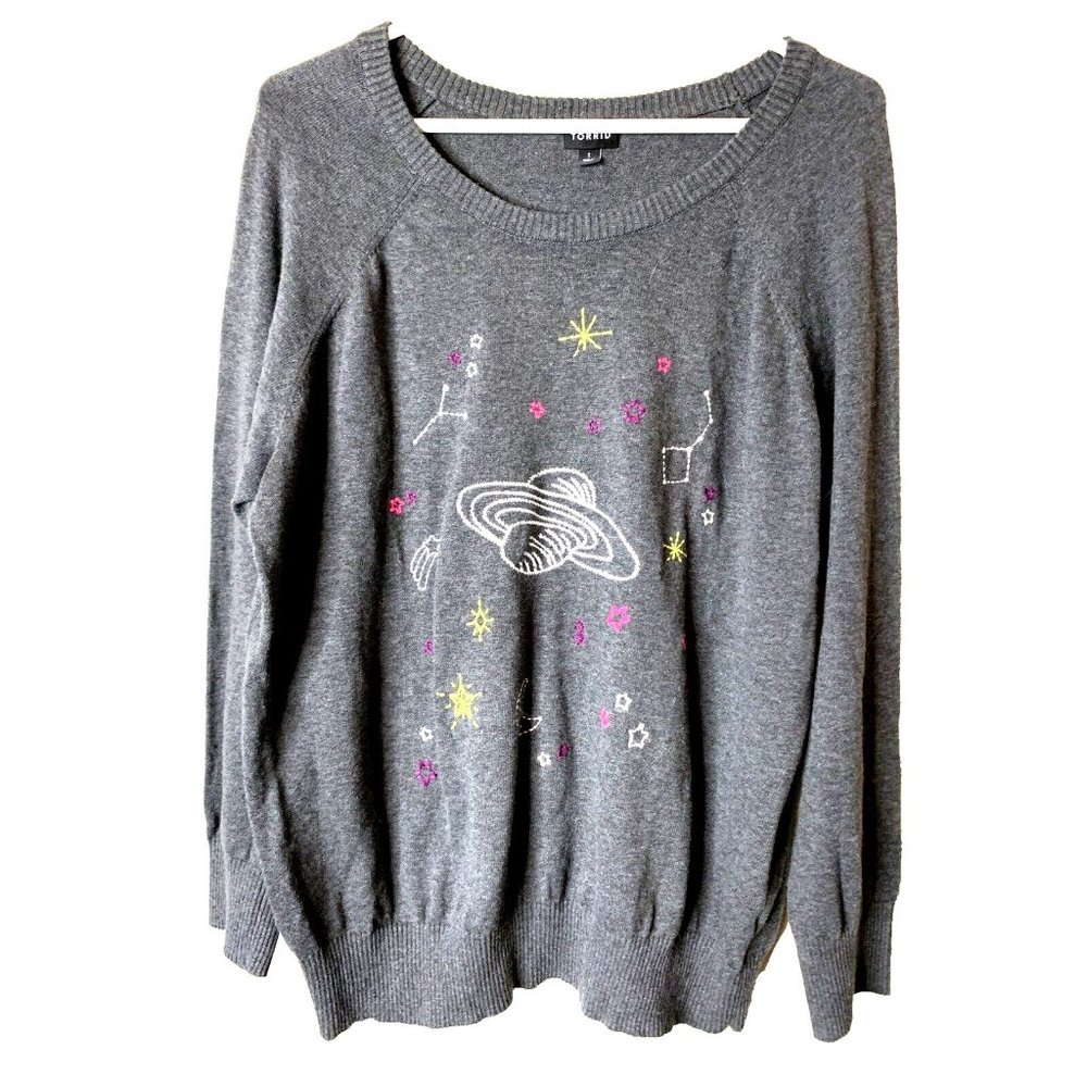 Torrid Women's Cotton Sweater  Gray w/ Colorful Embroidery Pullover Size 1X NWOT